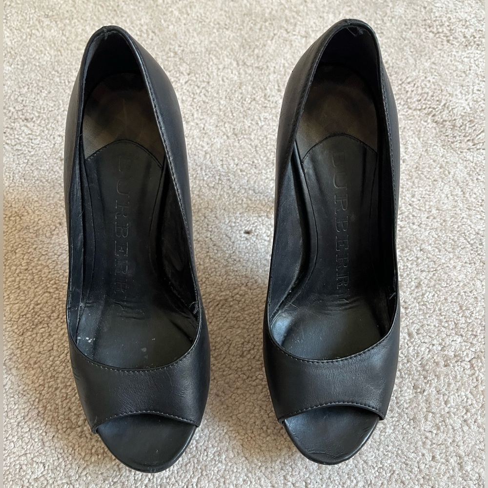 Burberry Black Leather Peep Toe Platform Slip On Pumps Heels Shoes Sz. 37 (7) - Picture 2 of 8